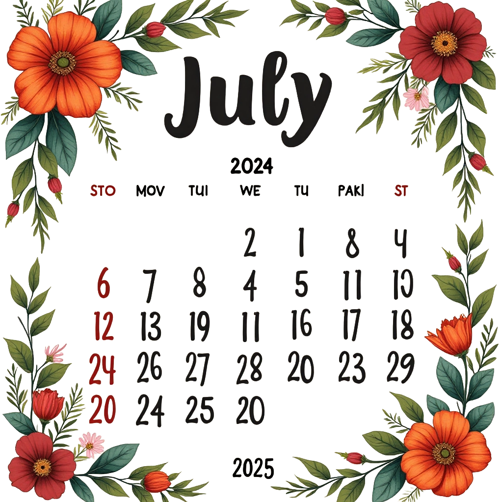 July 2024 Calendar with Floral Design